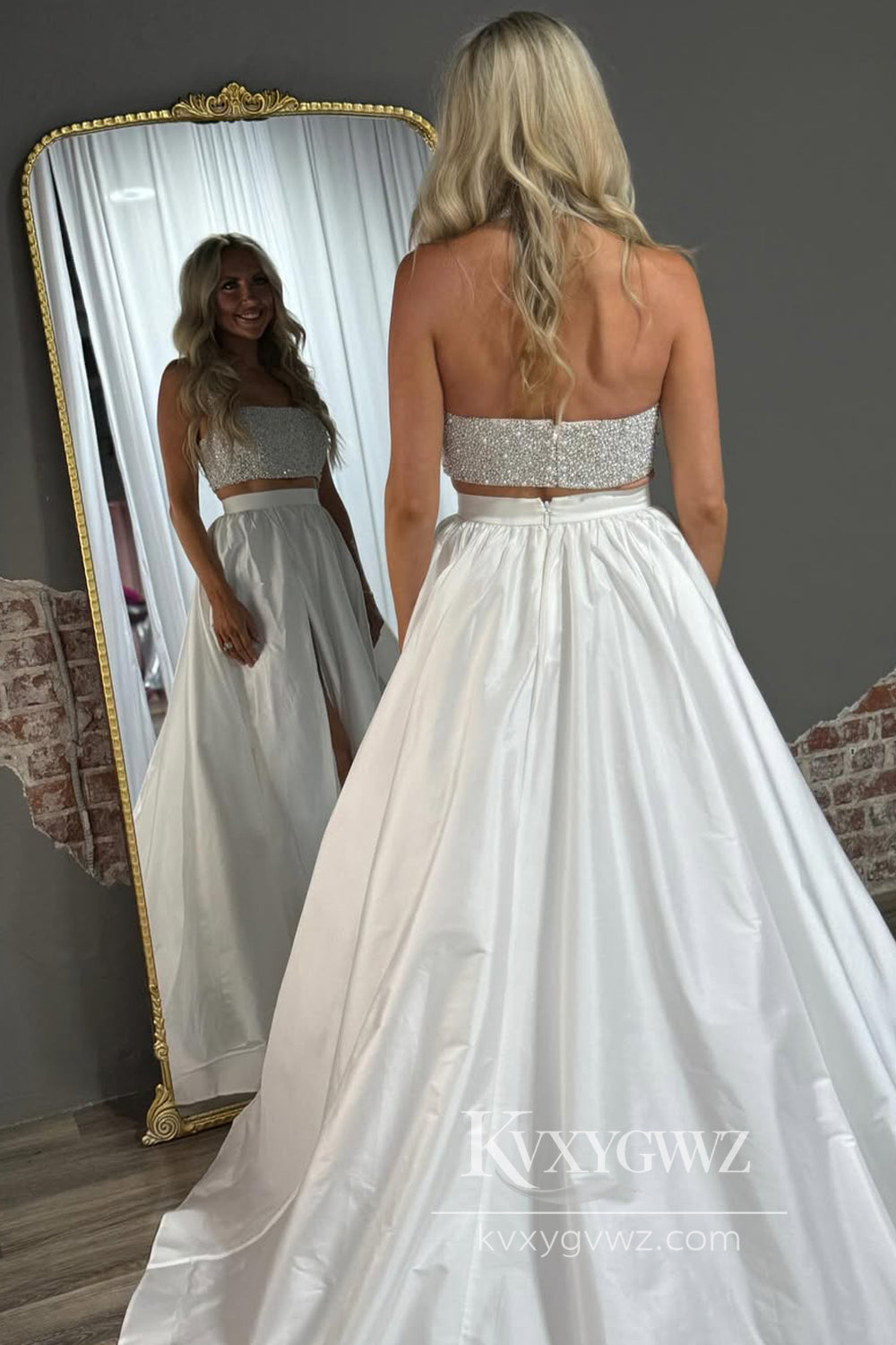 Stunning Ball Gown Strapless Two Piece Evening Gown Satin Long Prom Dress with Beading LF931