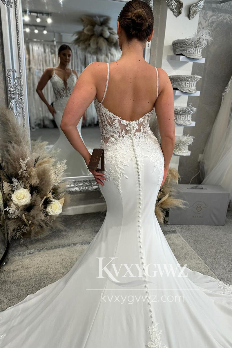 Glamorous Mermaid V Neck Elastic Satin Wedding Dresses Gown with Appliques HS932