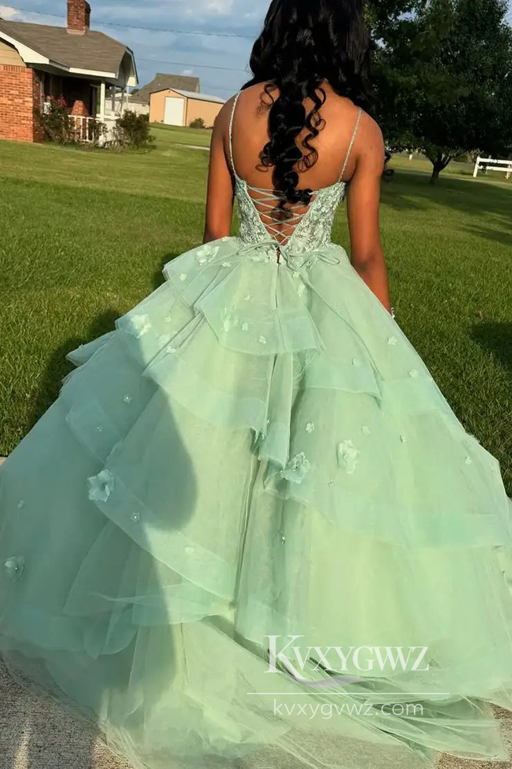 Ball Gown V Neck Sage Green Evening Dress Tulle Prom Gown with 3D Appliques LF935