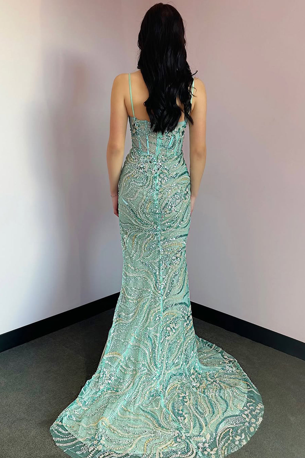 Mermaid V Neck Mint Sequin Lace Long Prom Dress Gown with Slit LF1305