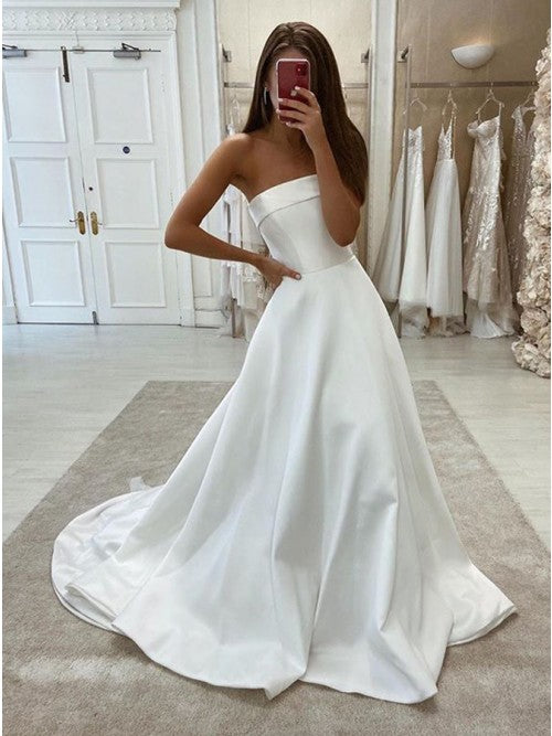 Elegant Strapless Ball Gown White Satin Wedding Dresses/Gowns HS0801003