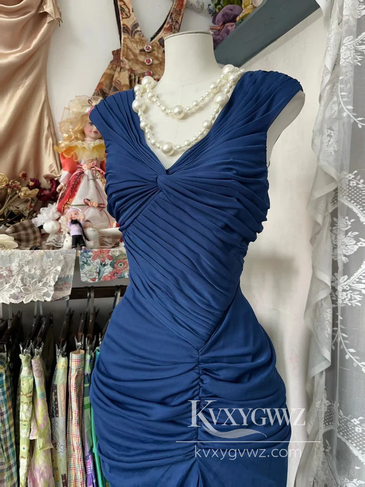 Vintage Fashion Mermaid V Neckline Evening Gown Navy Blue Floor Length Prom Dress LF937