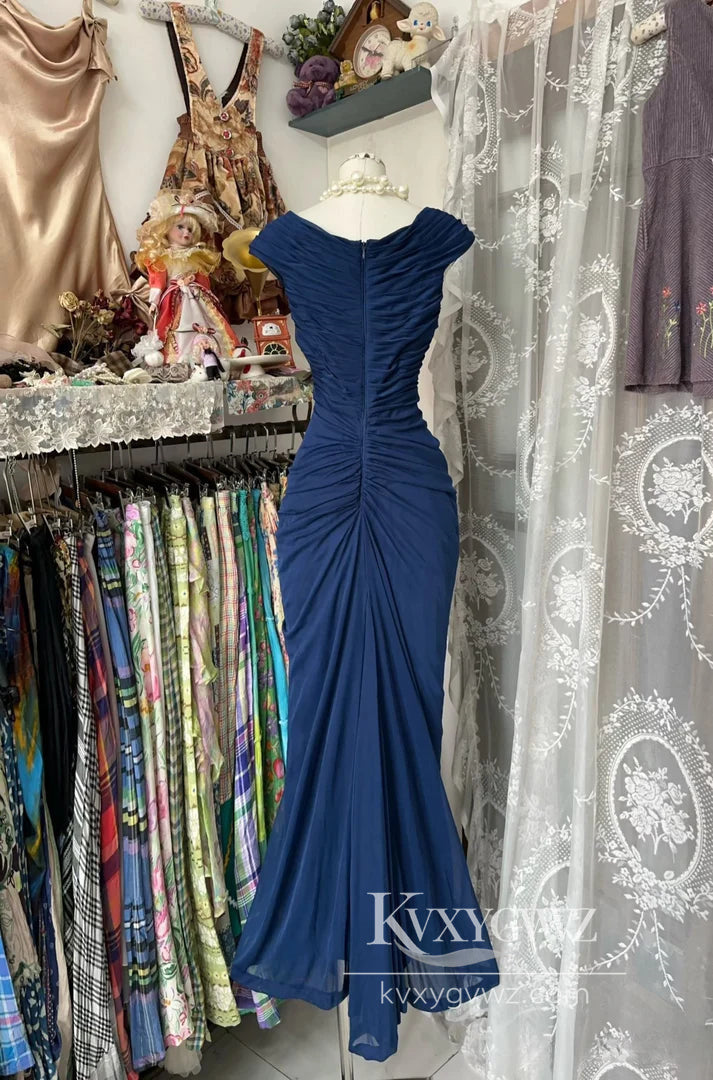 Vintage Fashion Mermaid V Neckline Evening Gown Navy Blue Floor Length Prom Dress LF937