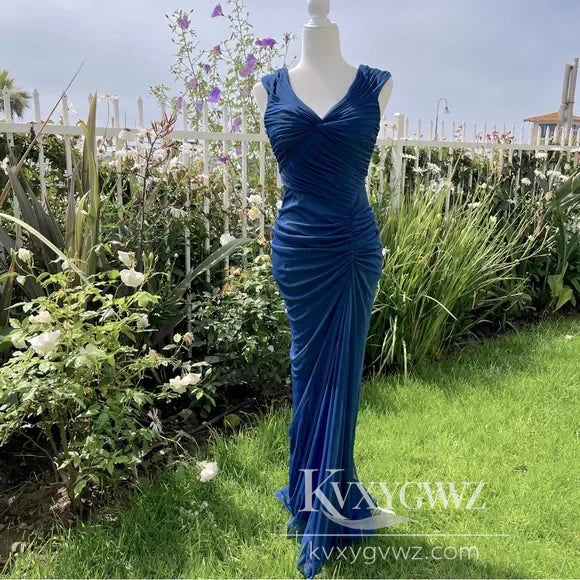 Vintage Fashion Mermaid V Neckline Evening Gown Navy Blue Floor Length Prom Dress LF937