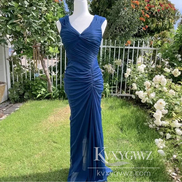 Vintage Fashion Mermaid V Neckline Evening Gown Navy Blue Floor Length Prom Dress LF937