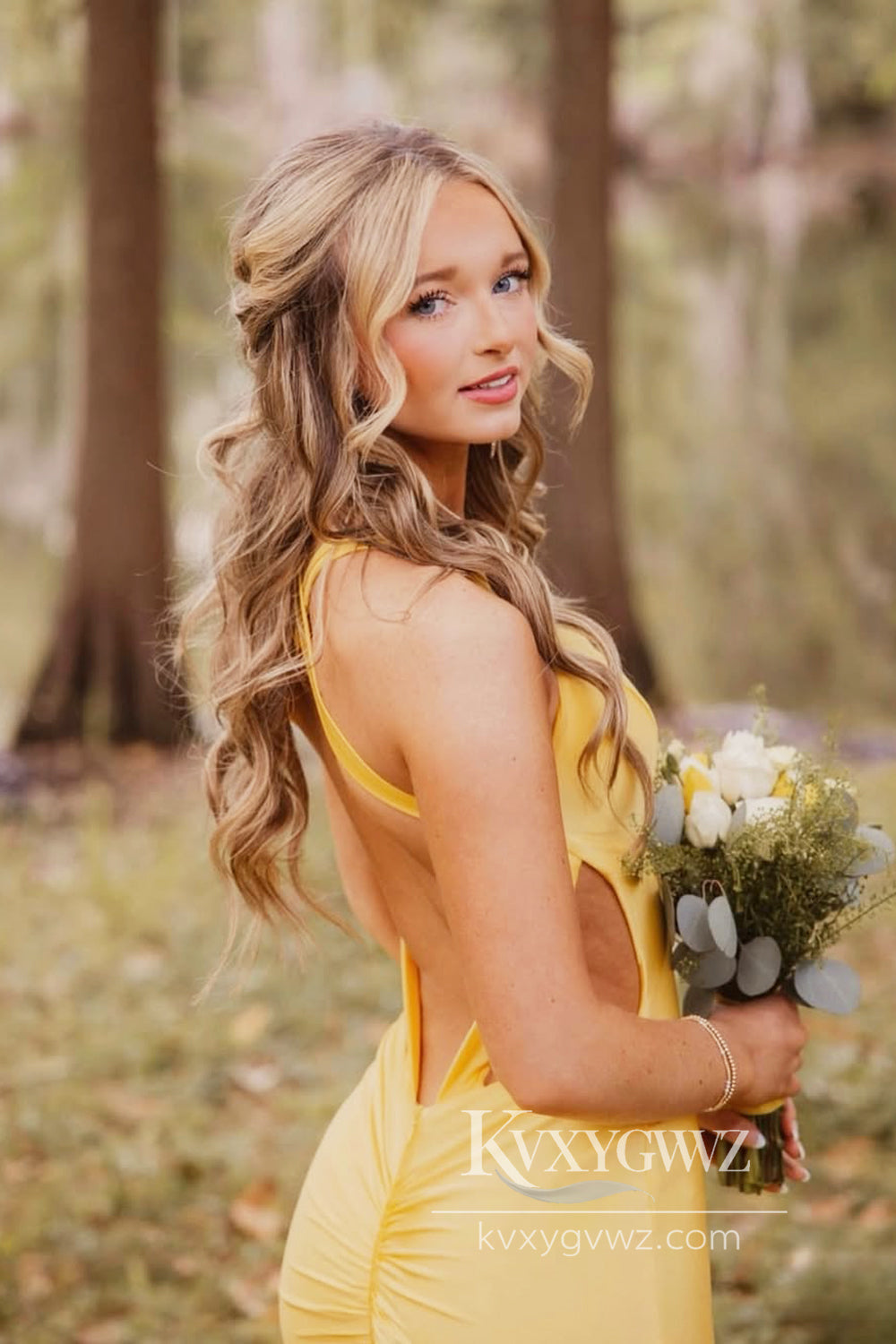 Charming Mermaid Evening Gown V Neck Yellow Elastic Satin Prom Dress LF938