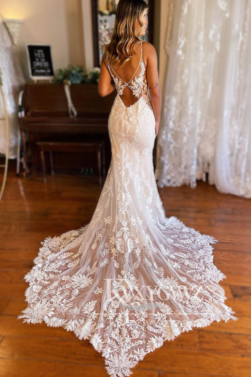 Dazzling Mermaid V Neck Lace White Wedding Dresses Gown With Sweep Train HS938