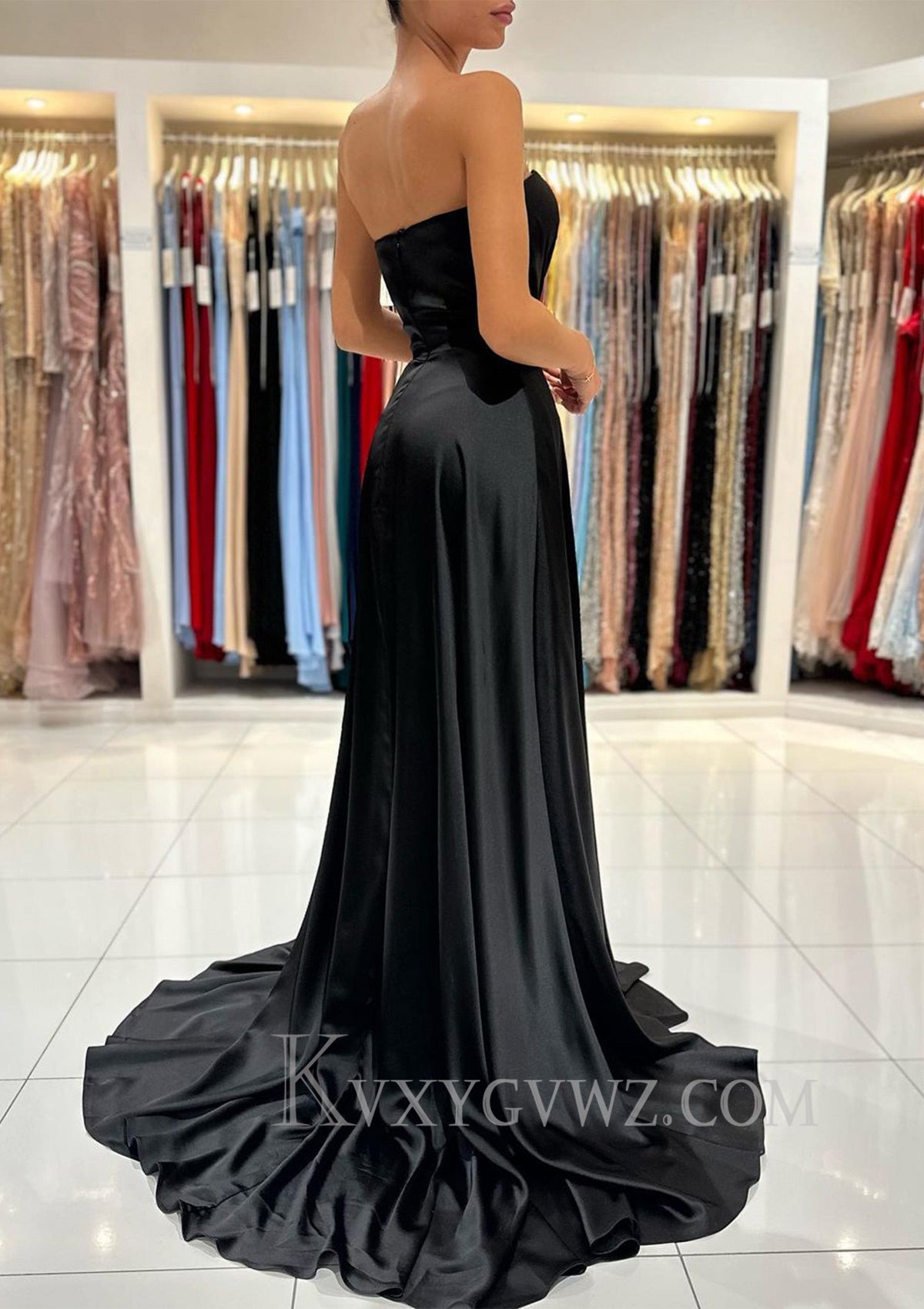 A-line Sweetheart Strapless Sweep Train Charmeuse Prom Dress With Pleated Split LF094