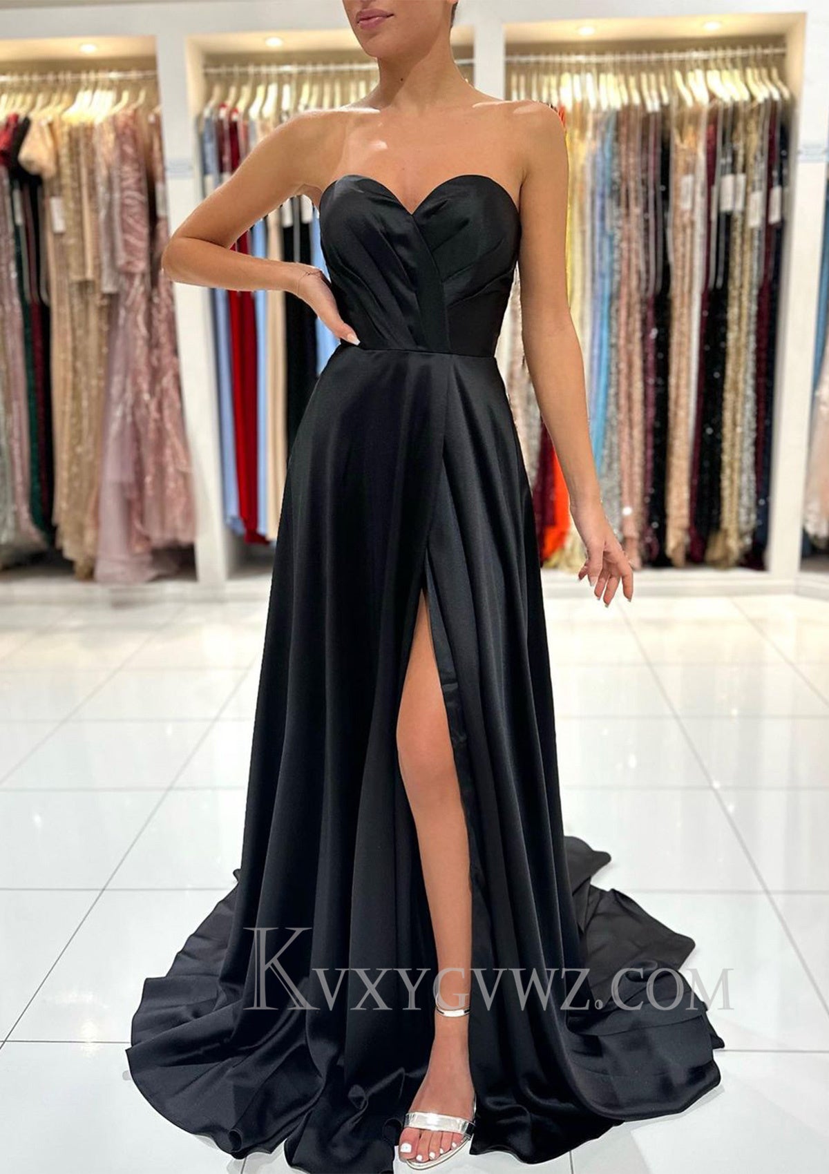 A-line Sweetheart Strapless Sweep Train Charmeuse Prom Dress With Pleated Split LF094