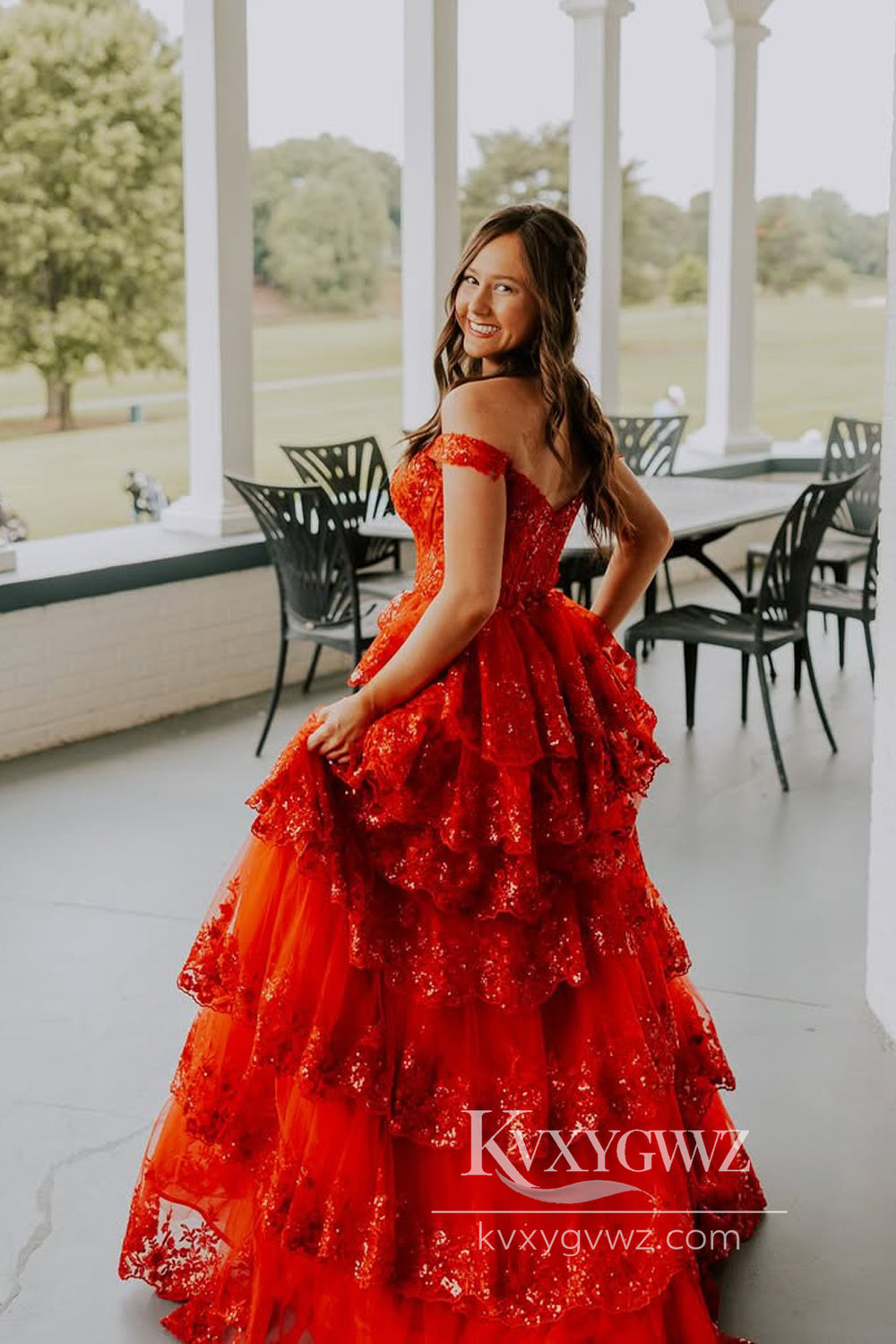 Stunning A Line Sweetheart Evening Gown Red Tiered Long Prom Dress with Appliques LF940