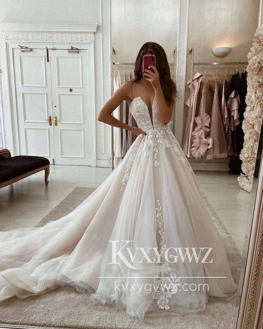 Ball Gown V Neck Champagne Tulle Wedding Dresses Gown with Appliques HS942