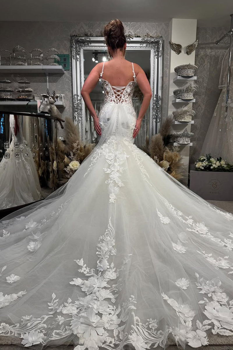 Dazzling Mermaid V Neck Tulle Long Wedding Dresses Gown with Appliques HS810