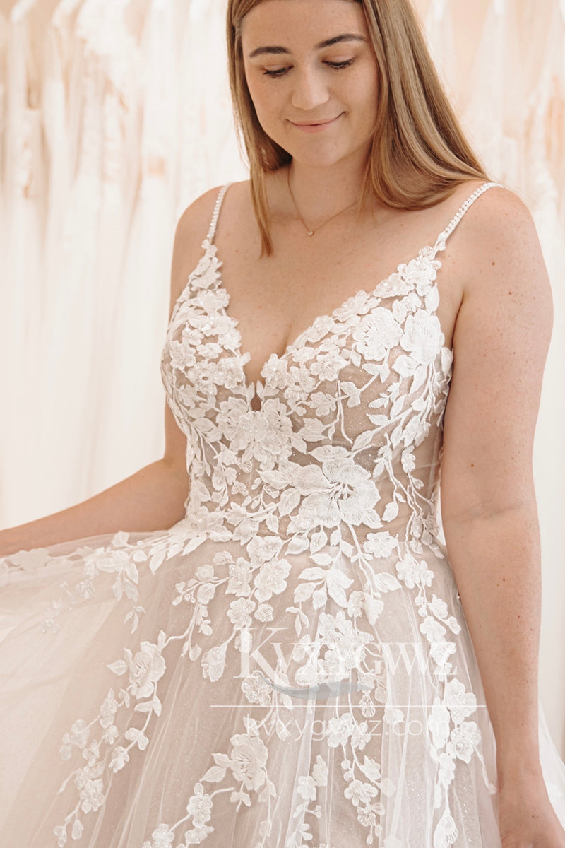 Fairly A-Line V Neck White Tulle Wedding Dresses Gown with Lace Appliques HS943