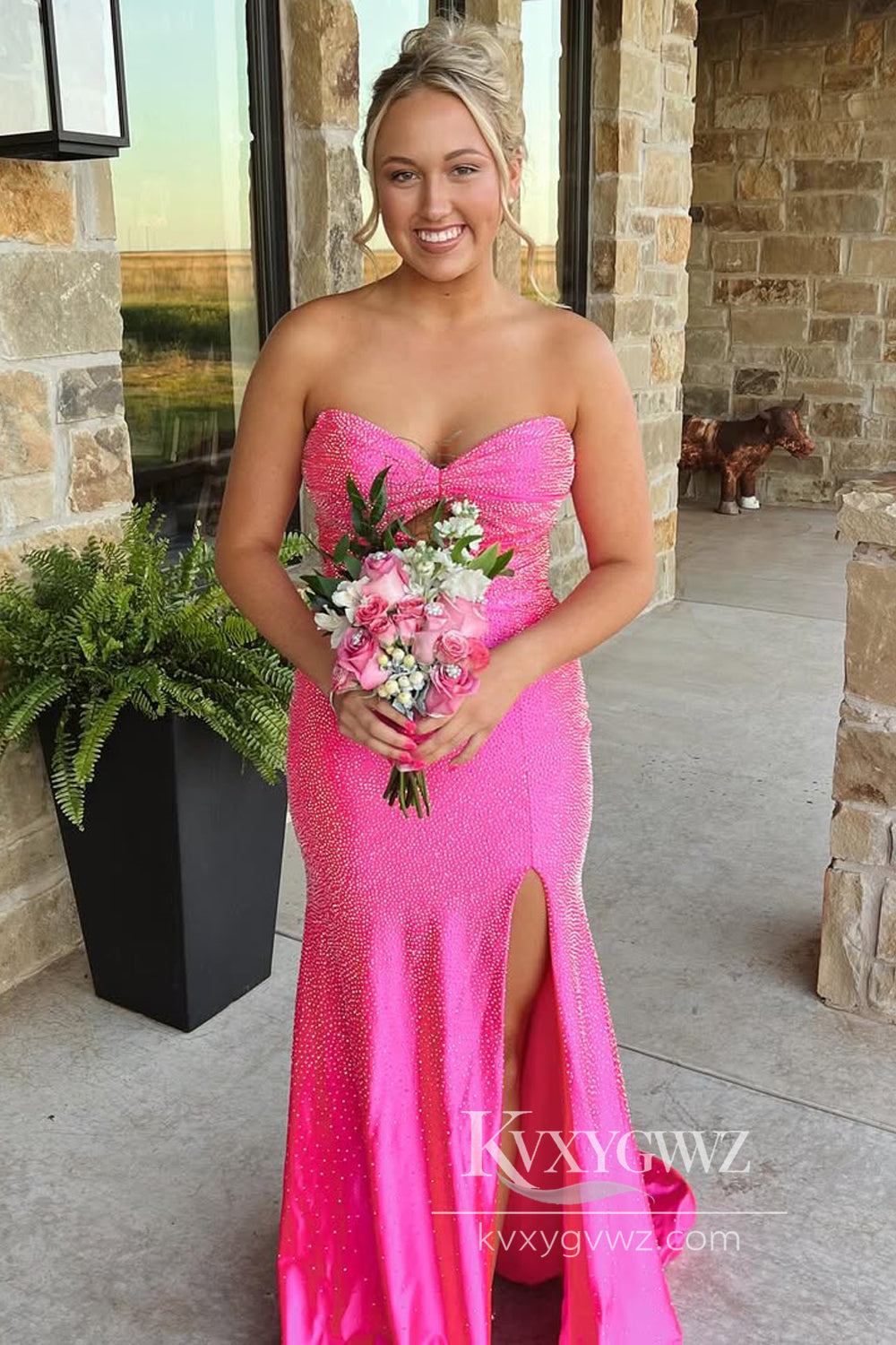 Stunning Conspicuous Mermaid Evening Gown Sweetheart Keyhole Hot Pink Prom Dress with Hot Stone LF944