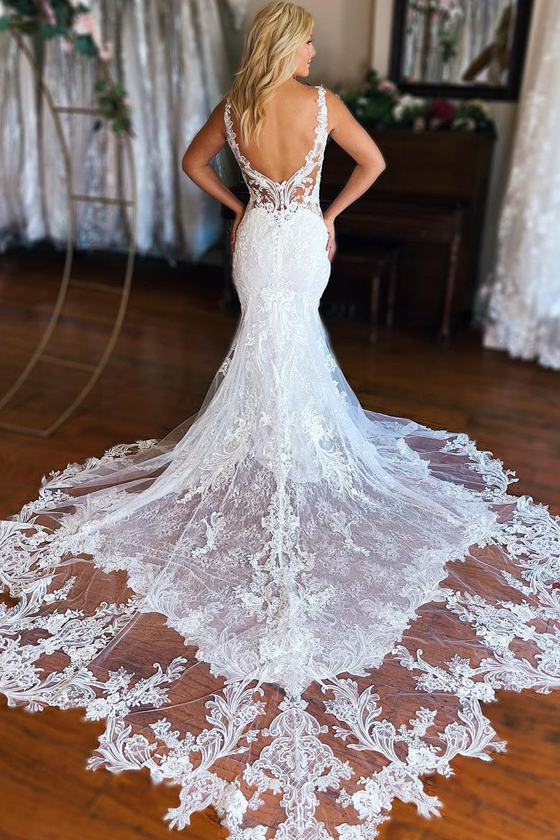 Graceful Mermaid V Neck White Lace Wedding Dresses Gown with Train HS971