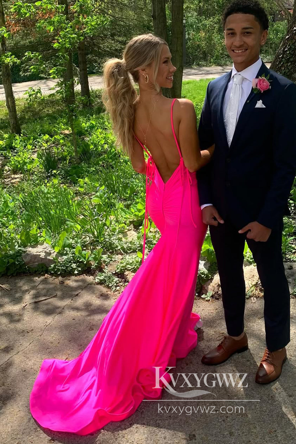 Dazzling Mermaid V Neck Evening Gown Pink Satin Prom Dress with Slit LF945
