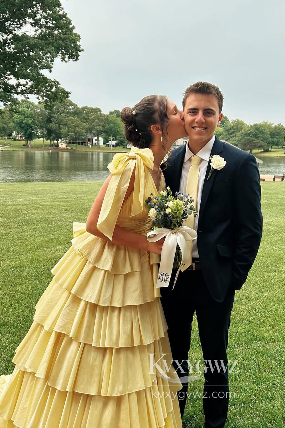 Stunning Ball Gown V Neck Yellow Satin Evening Gown Tiered Long Prom Dress LF946