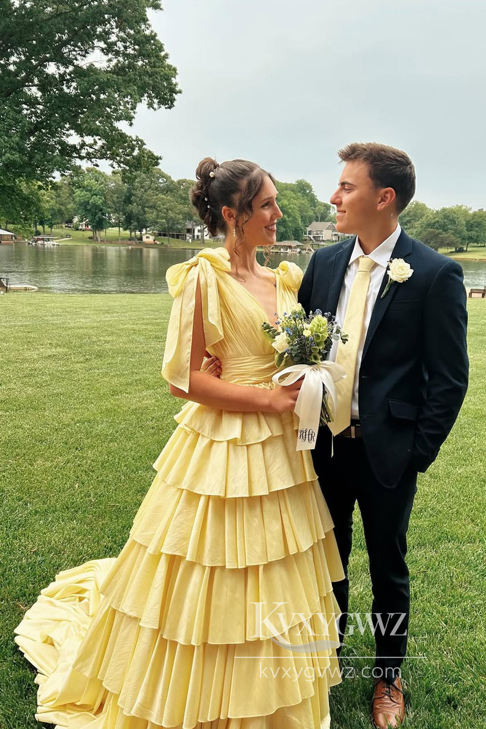 Stunning Ball Gown V Neck Yellow Satin Evening Gown Tiered Long Prom Dress LF946