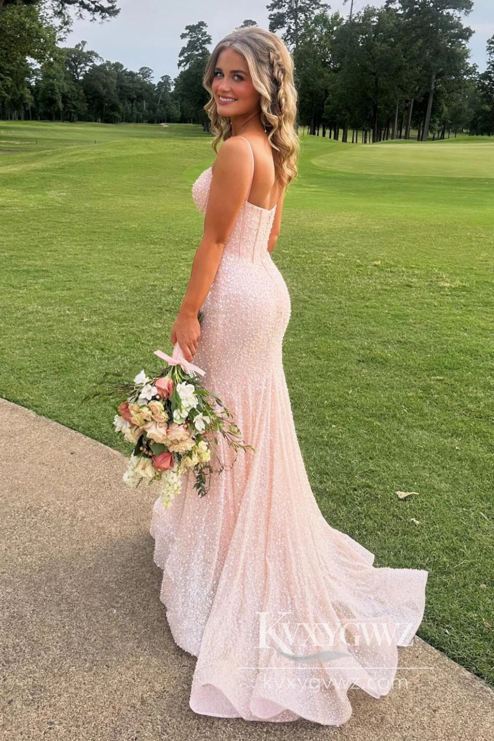 Conspicuous Mermaid V Neck Evening Gown Blush Pink Sequins Long Prom Dress LF947