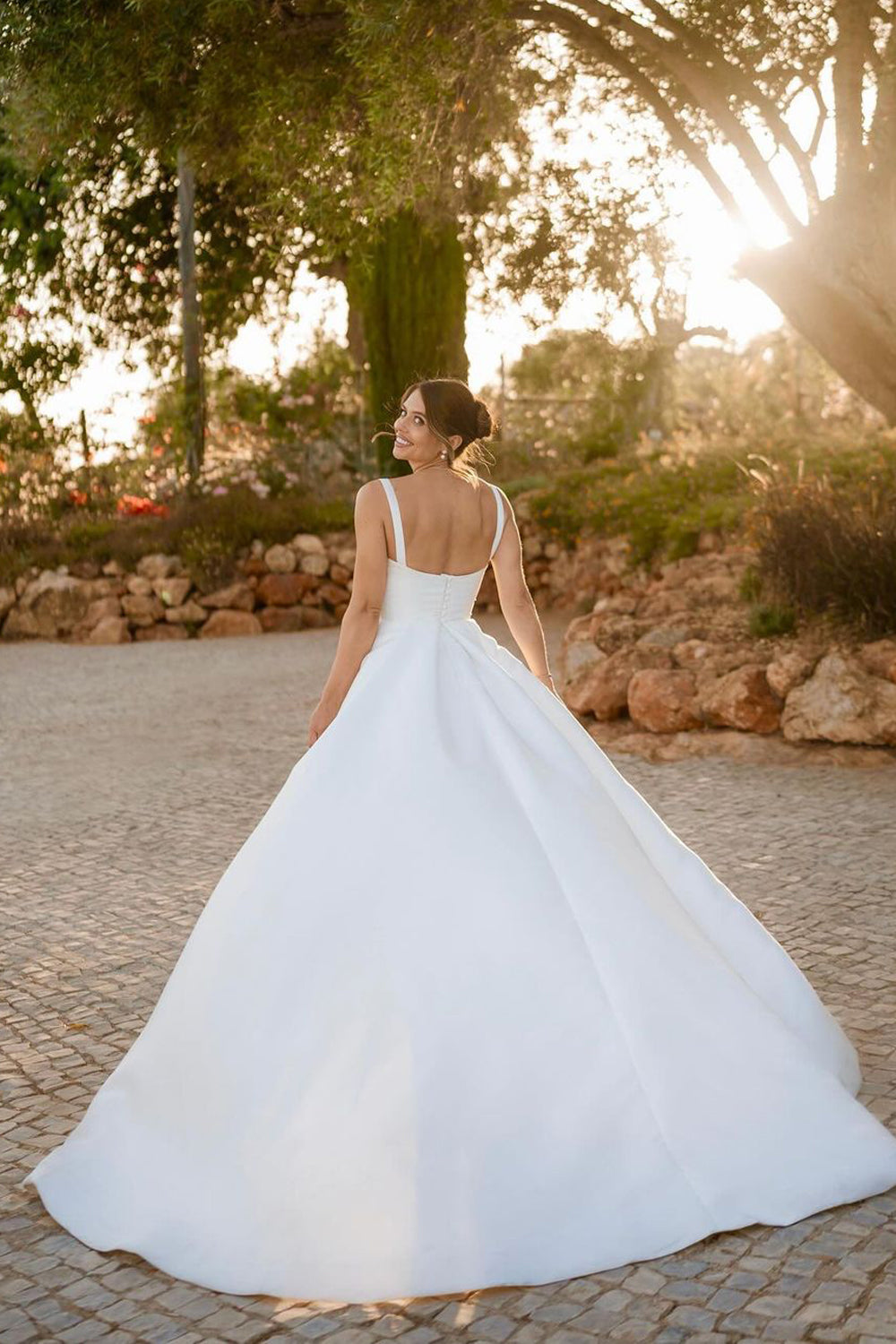 Modern A Line Square Neck Satin Long Wedding Dresses Gown with Slit HS998
