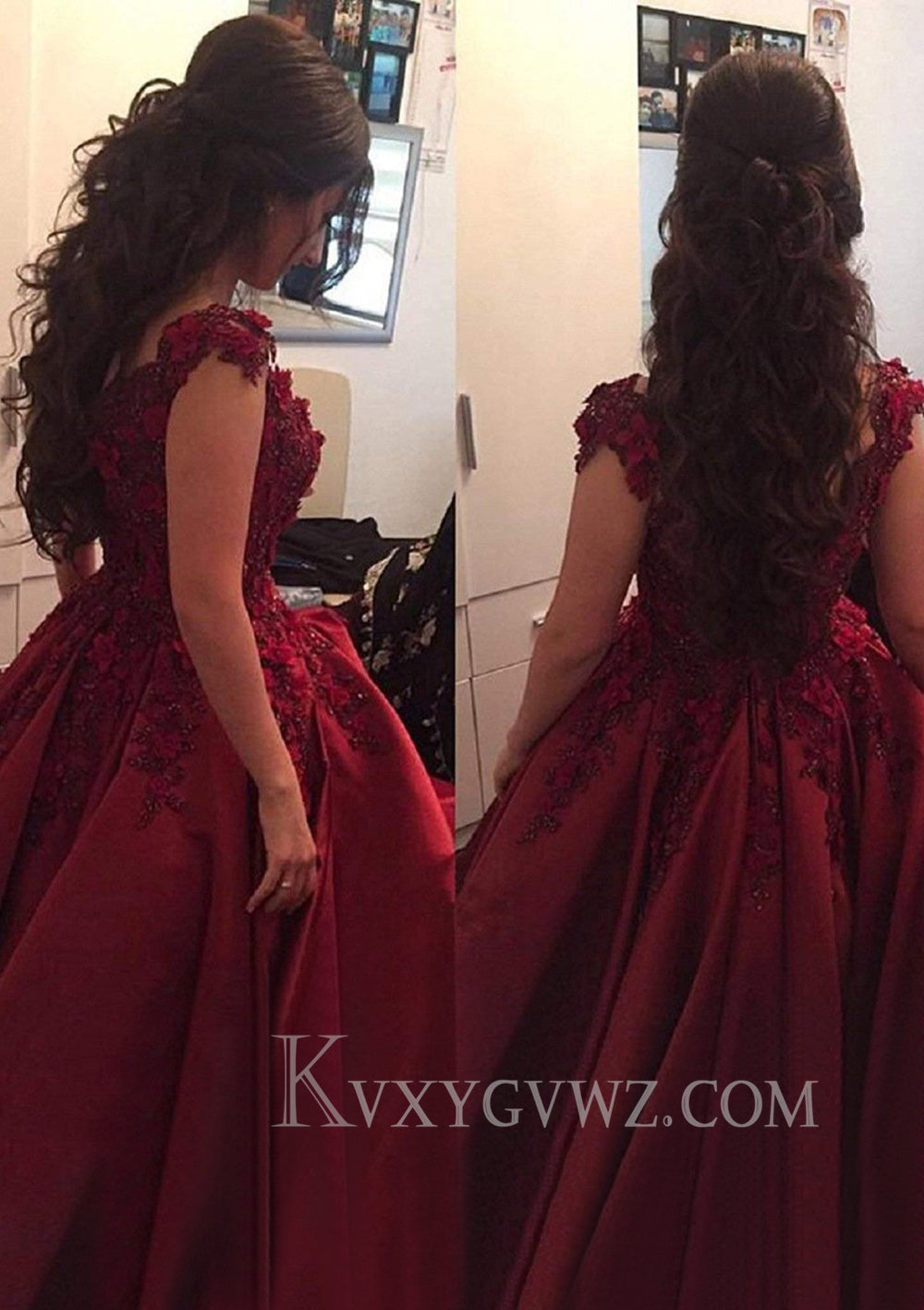 Appliqued Off-The-Shoulder Satin Princess Prom Dress With Beads LF095