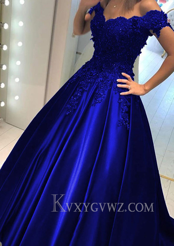 Appliqued Off-The-Shoulder Satin Princess Prom Dress With Beads LF095