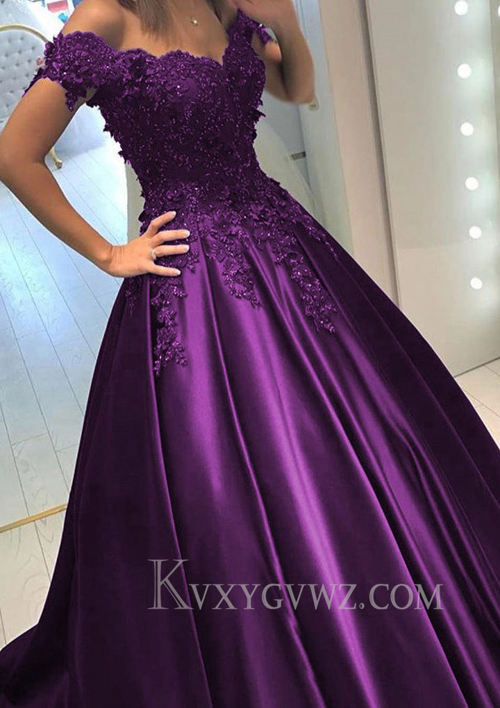 Appliqued Off-The-Shoulder Satin Princess Prom Dress With Beads LF095