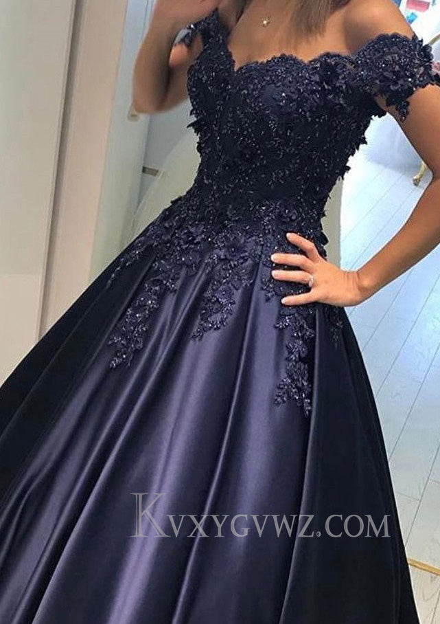 Appliqued Off-The-Shoulder Satin Princess Prom Dress With Beads LF095