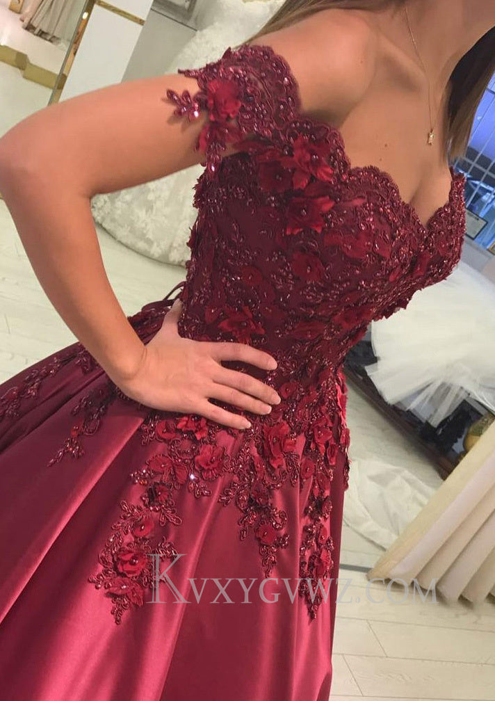 Appliqued Off-The-Shoulder Satin Princess Prom Dress With Beads LF095