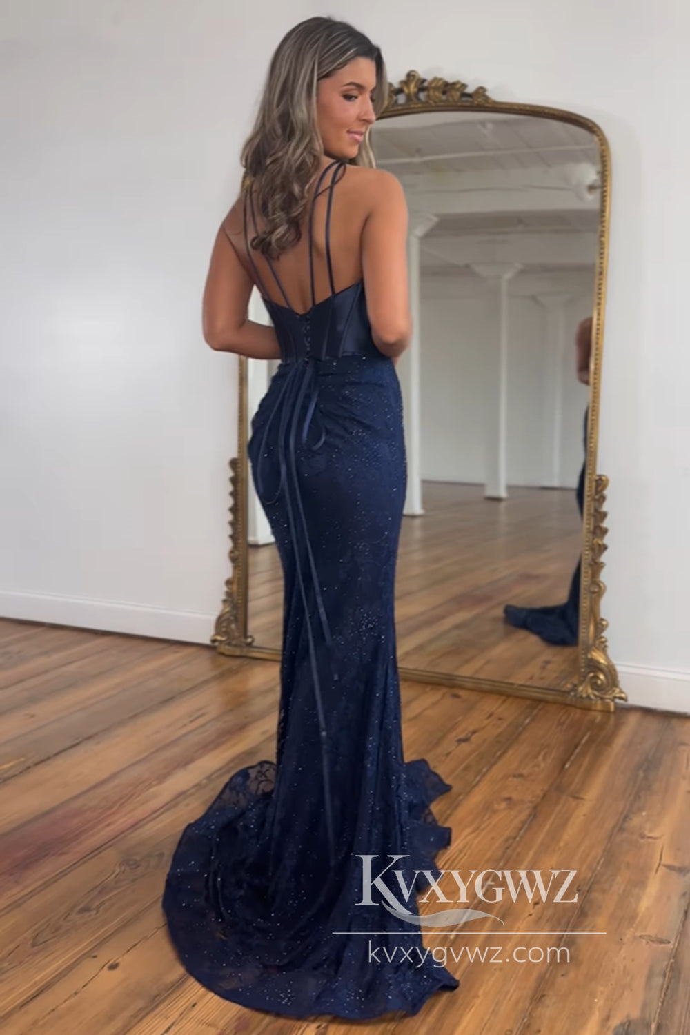 Charming Mermaid V Neck Evening Gown Blue Lace Prom Dress with Beading LF950