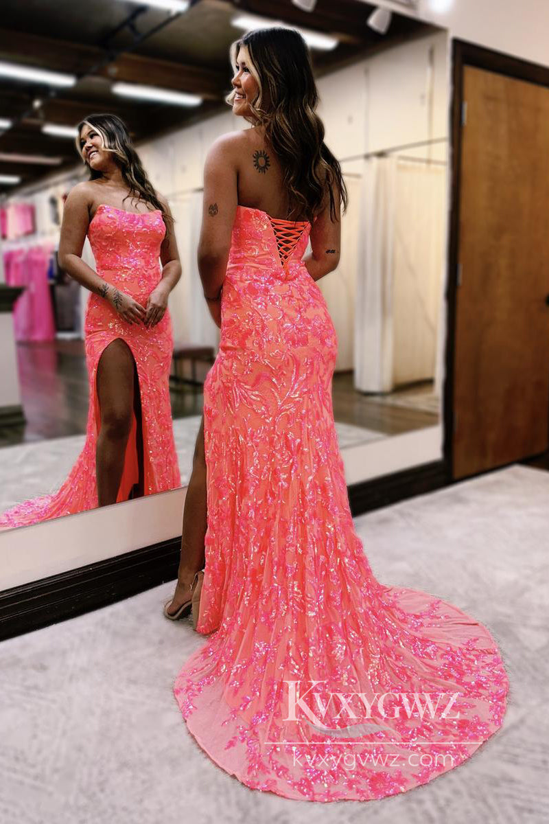 Fuchsia Strapless Evening Gown Sequins Lace Mermaid Prom Dress with Slit LF952