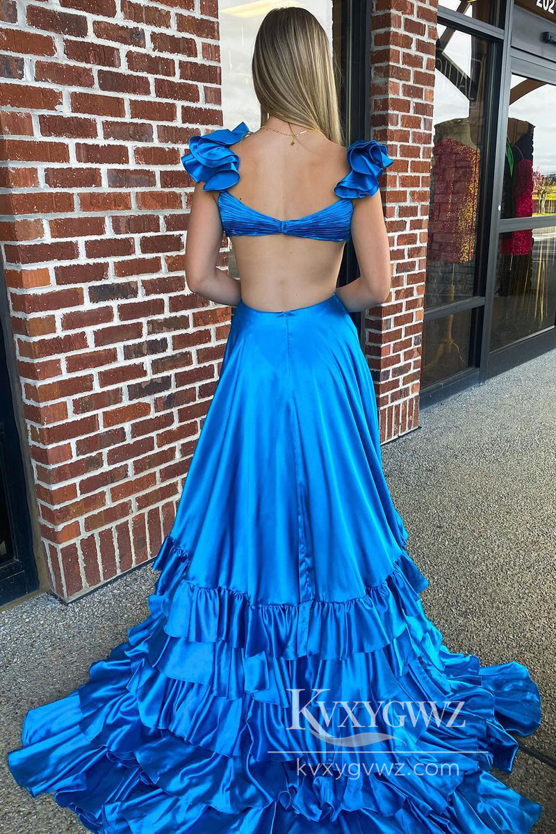 Blue V Neck Ruffles Evening Gown Satin A-Line Long Prom Dress with Slit LF954