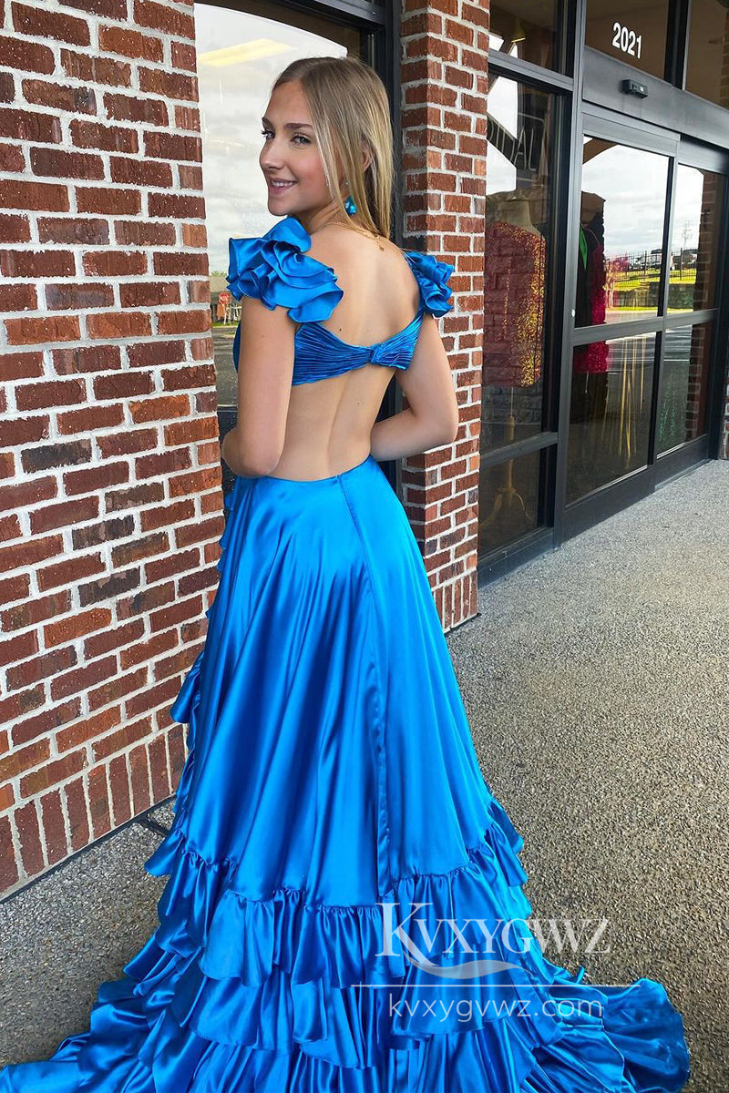 Blue V Neck Ruffles Evening Gown Satin A-Line Long Prom Dress with Slit LF954