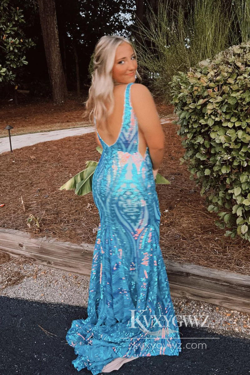 Deep V Neck Blue Sequin Evening Gown Lace Conspicuous Mermaid Prom Dress LF955