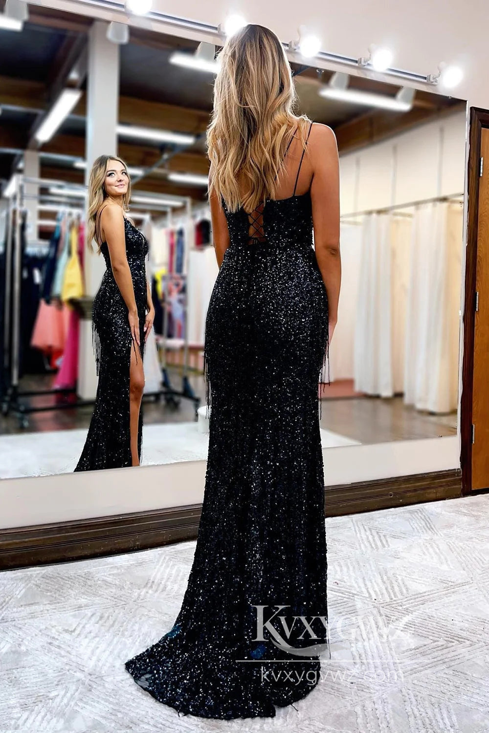 Black Sequined Evening Gown Spaghetti Straps Deep V-neck Prom Dress LF956