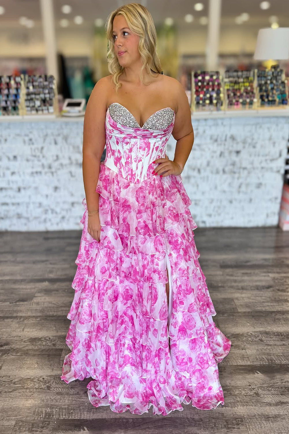 A-Line Strapless Pink Floral Printed Ruffle Tiered Long Prom Dress Gown with Beadings LF1334