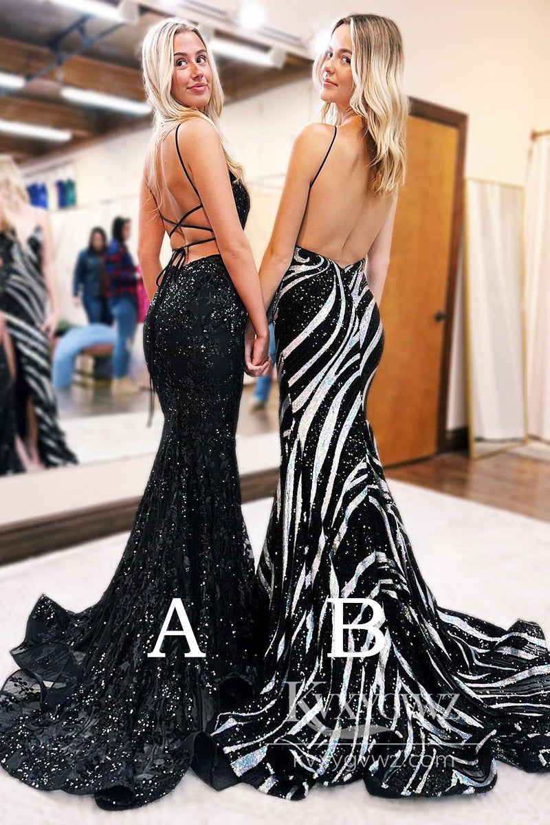 Black V Neck Sequins Evening Gown Mermaid Long Prom Dress LF957