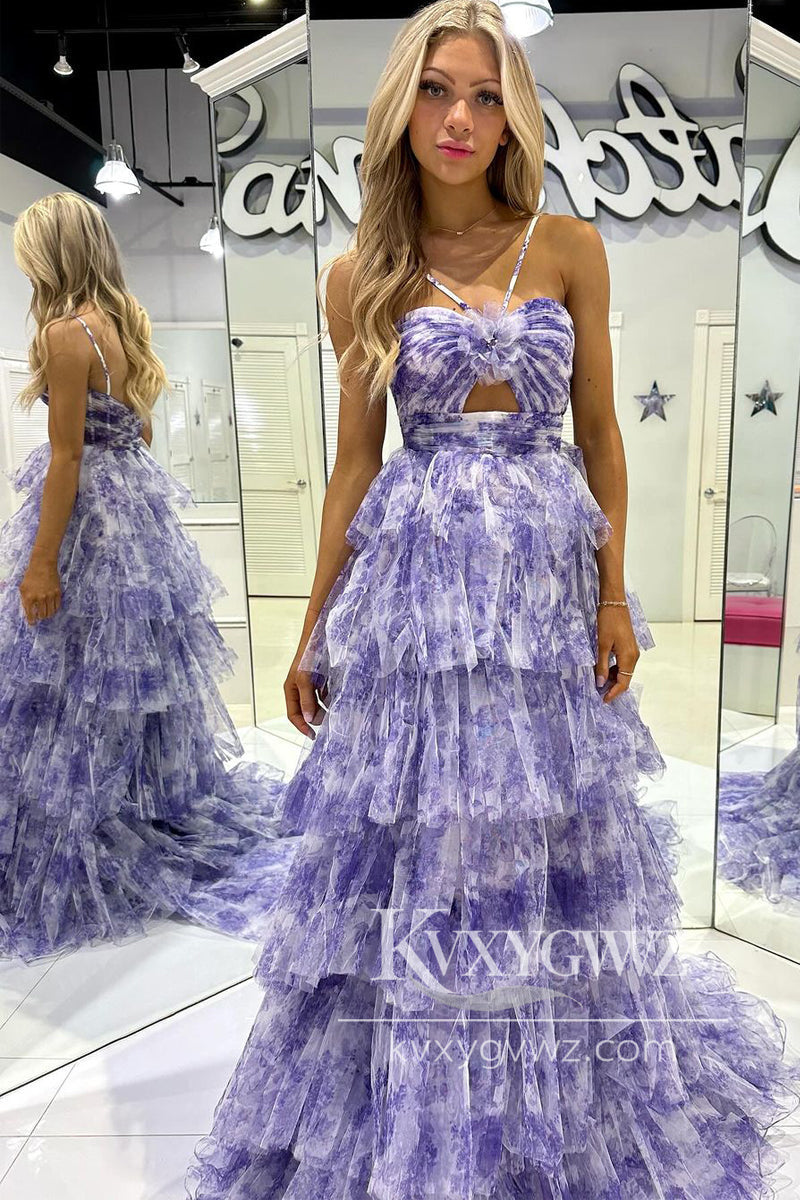 A-Line Halter Evening Gown Floral Printed Long Prom Dress with Keyhole LF958