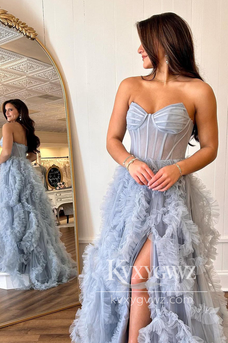 Blue Strapless Ruffles Tulle Evening Gown A-Line Long Prom Dress with Slit LF959
