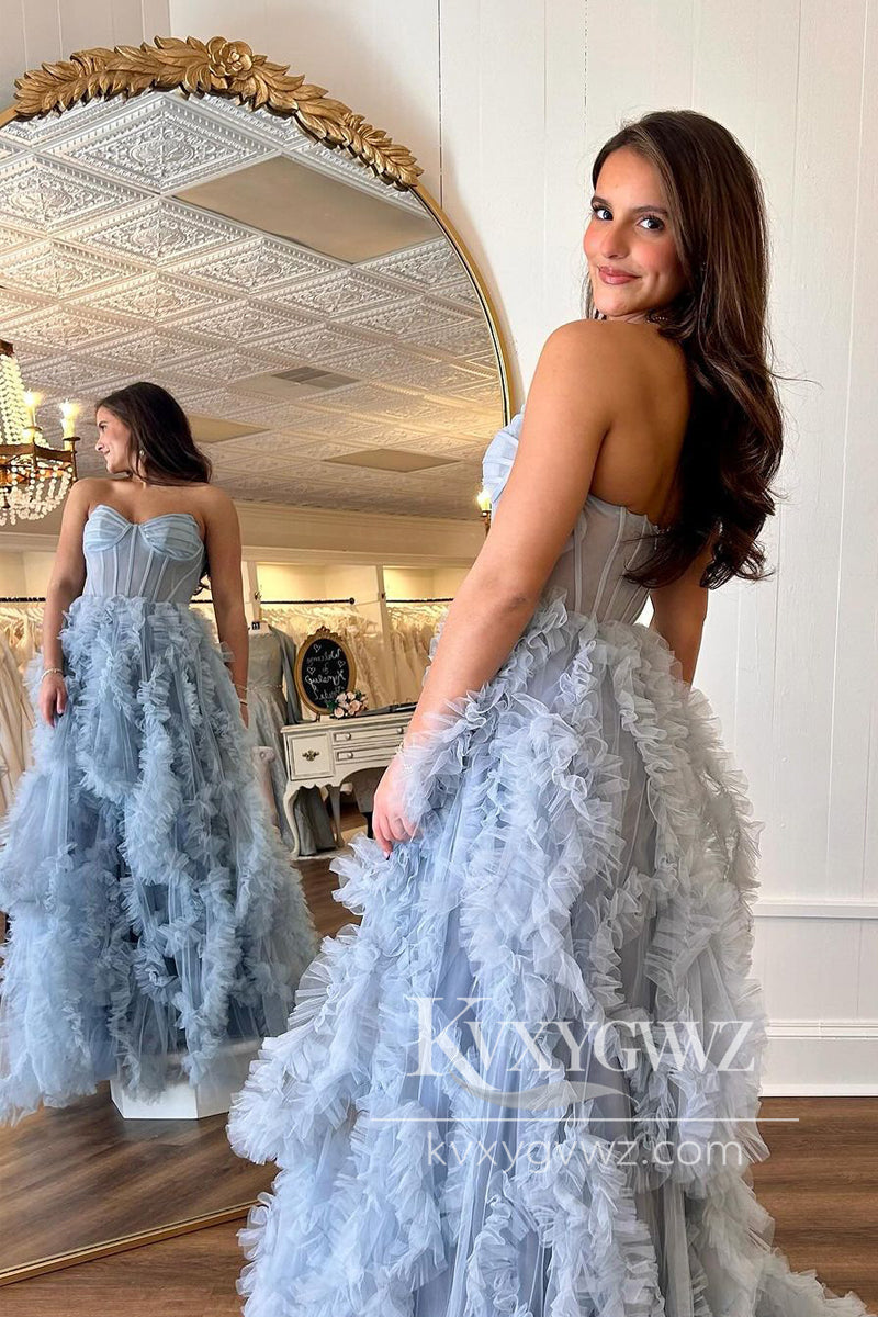 Blue Strapless Ruffles Tulle Evening Gown A-Line Long Prom Dress with Slit LF959
