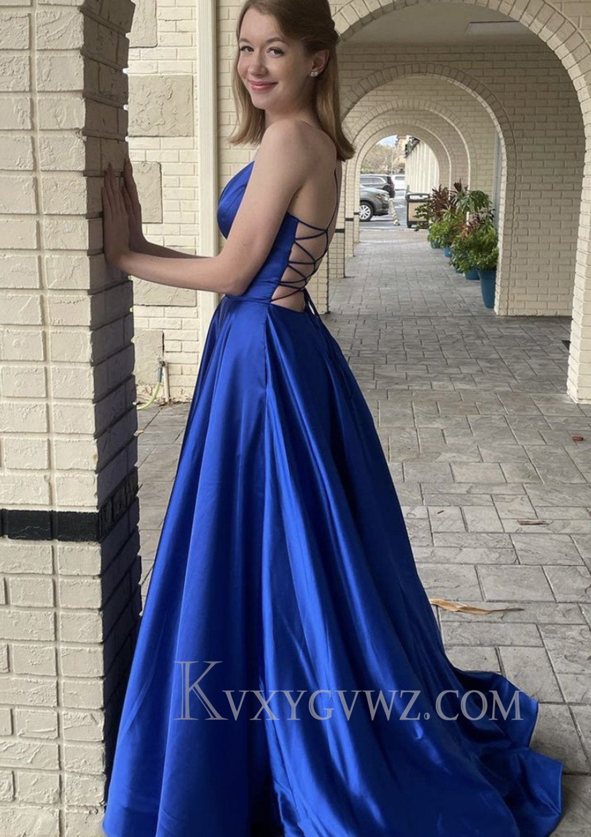 A-line V Neck Spaghetti Straps Sweep Train Charmeuse Prom Dress With Pockets LF096