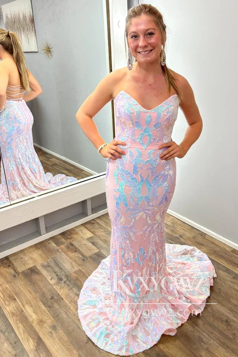 Blush Pink Sequin Evening Gown Appliques Strapless Trumpet Long Formal Prom Dress LF960