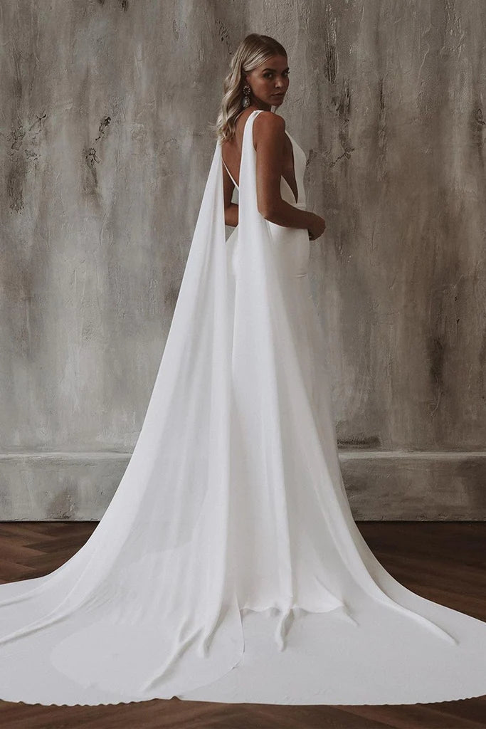 Graceful Mermaid V Neck Elastic Satin Long Wedding Dresses Gown HS699