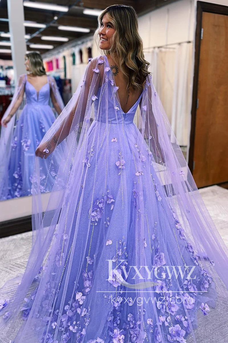 A-Line Lavender Evening Gown 3D Floral Lace Long Prom Dress with Train LF963