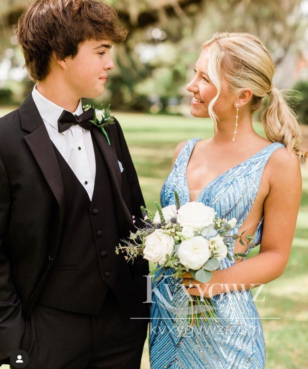 Charming Mermaid V Neck Evening Gown Light Blue Sequins Long Prom Dress LF964