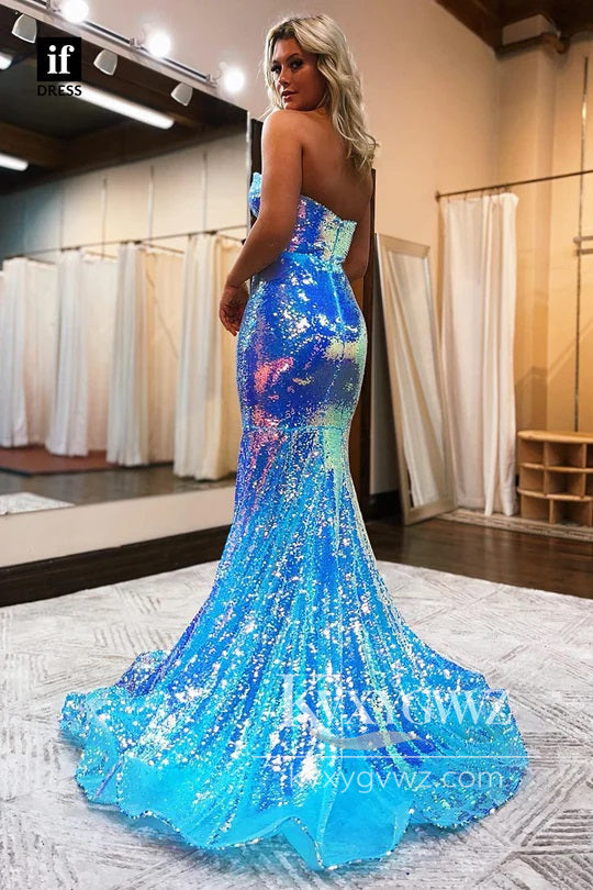 Conspicuous Mermaid Sweetheart Evening Gown Blue Sequins Long Prom Dress with Slit LF967