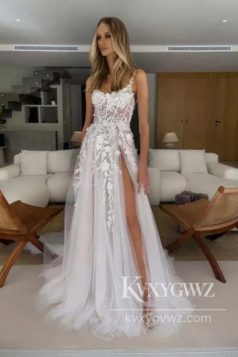 Modern A Line Sweetheart Tulle Wedding Dresses Gown with Appliques HS968
