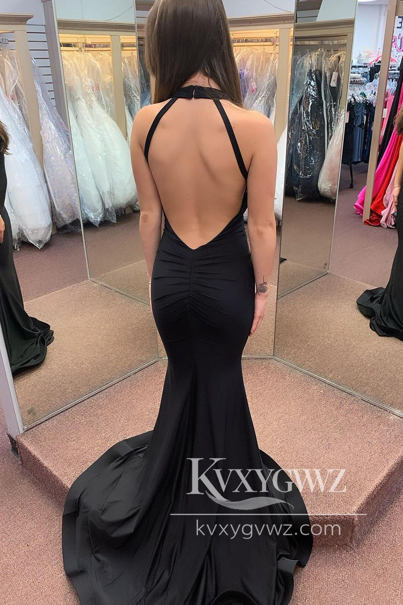 Sexy Deep V-neck Evening Gown Black Halter Satin Mermaid Long Prom Dress LF971