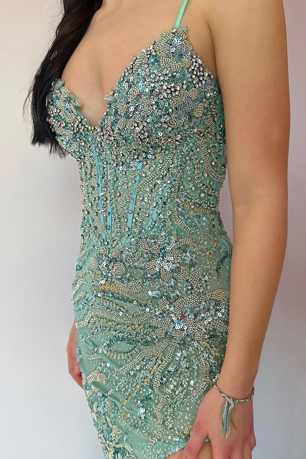 Mermaid V Neck Mint Sequin Lace Long Prom Dress Gown with Slit LF1305
