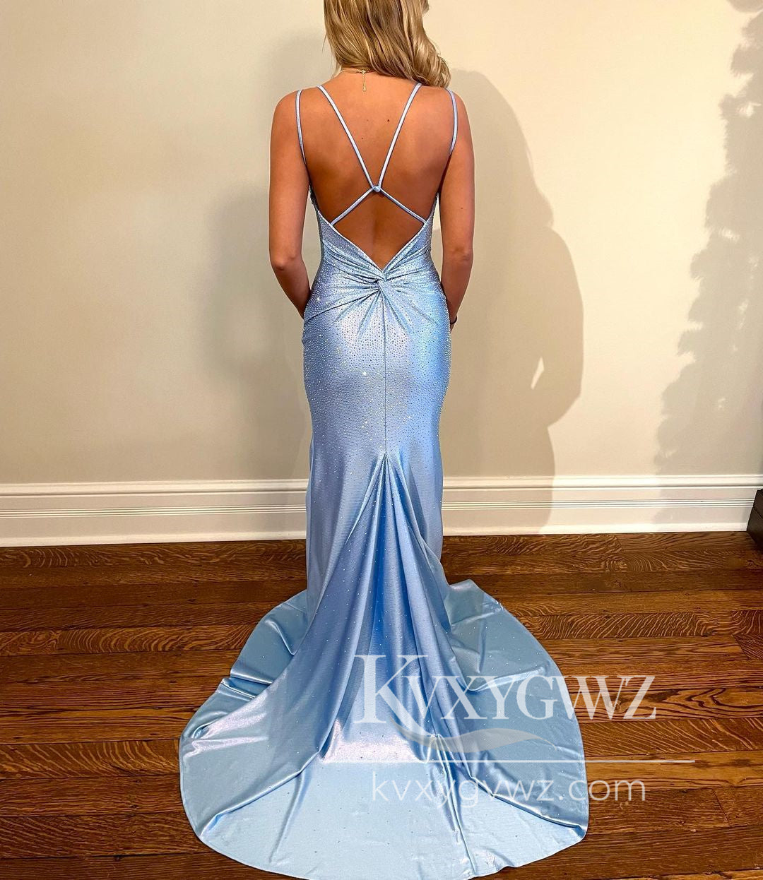 Stunning Mermaid V Neck Evening Gown Light Blue Satin Prom Dress with Beading LF972